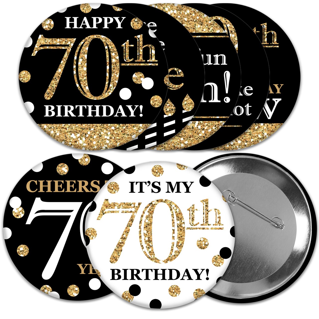 Big Dot of Happiness Adult 70th Birthday - Gold - 3 inch Birthday Party Badge - Pinback Buttons - Set of 8